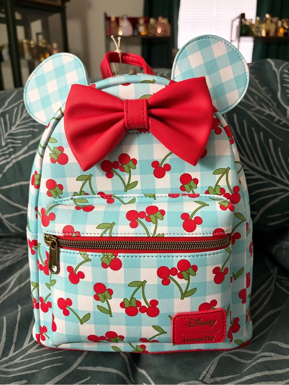 Loungefly Cherry Bow Mini Backpack - Red & Light Blue Gingham